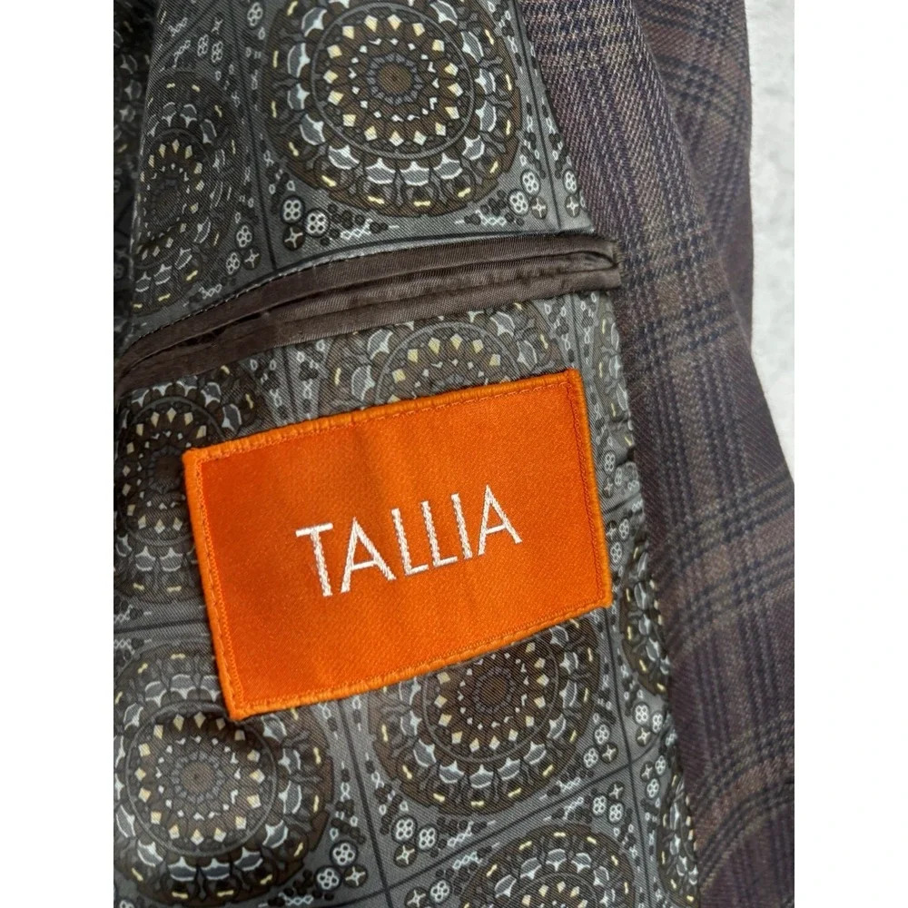 Tallia Mens 46R Plaid Sport Coat Wool Jacket  Brown 2 Button Notch Lapel - Picture 7 of 16